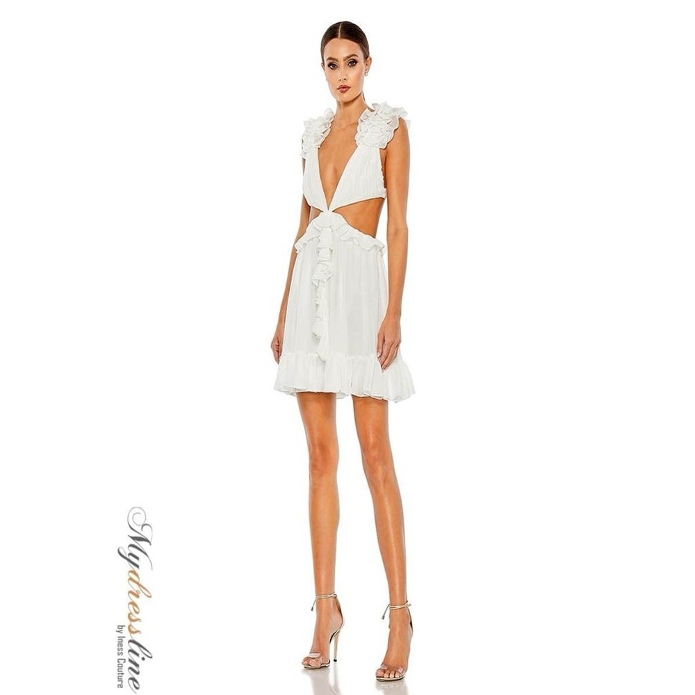 Mac Duggal 55688 Chiffon White‎ Cut-Out Waist Ruffle Mini Dress Size 6 MSRP $348